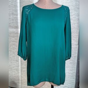 Amber Blue Teal Blouse with Lace Accents